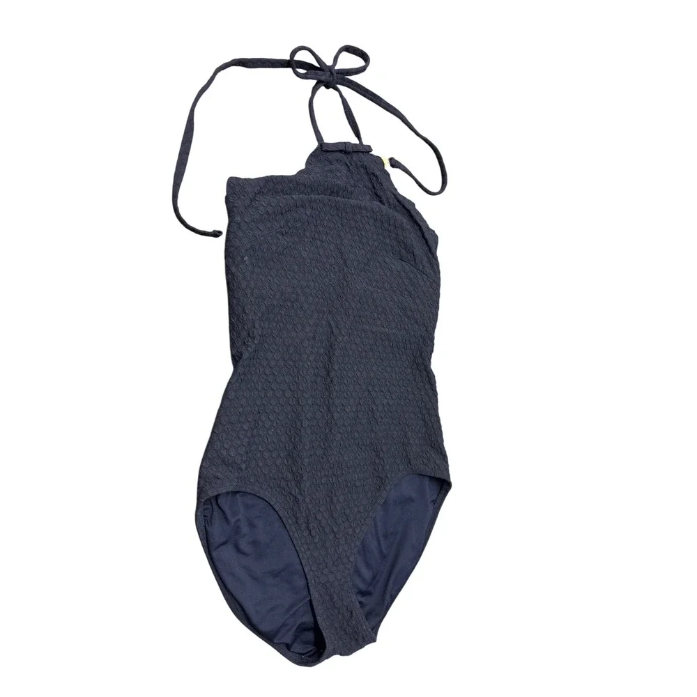 Kate Spade Navy Blue Textured Scalloped Halter One Piece Swimsuit Large